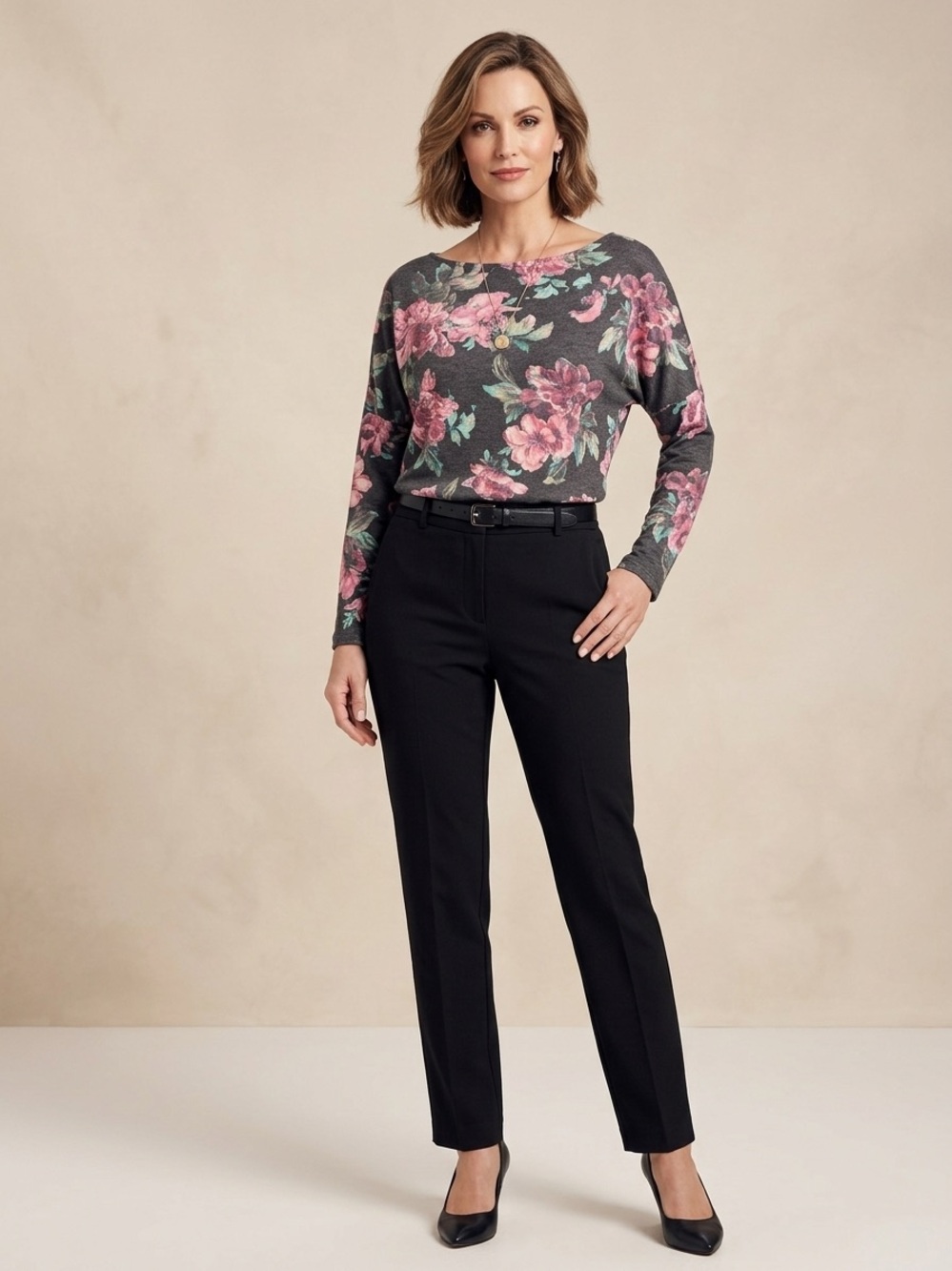 Floral Long Sleeve Tee - Gray with Pink Floral